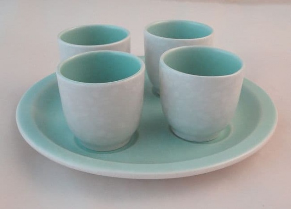 Poole Pottery Ice Green and Seagull, Set of Four Egg Cups on Stand