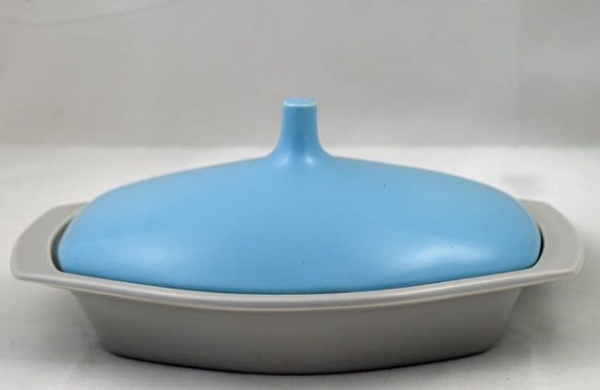 Poole Pottery Twintone Sky Blue and Dove Grey Lidded Butter Dishes