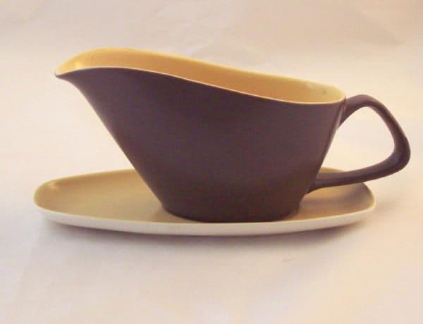 Poole Pottery Twintone Sweetcorn and Brazil (C107) Gravy/Sauce Boat and Stand