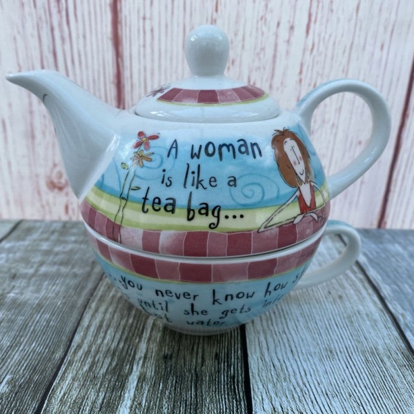 Johnson Brothers Born to Shop Teapot/Tea Cup Combo (A woman is like a teabag...)