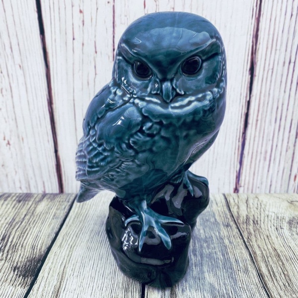Poole Pottery Blue Glazed Owl, Black Base