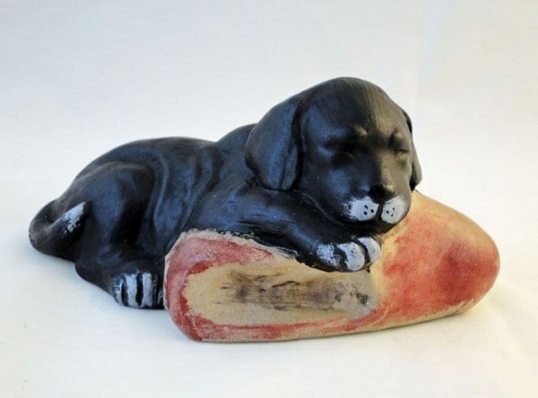 Poole Pottery Stoneware, Acrylic Painted Puppy with a Slipper