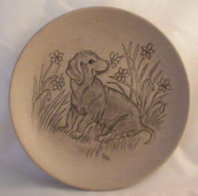 Poole Pottery Stoneware Plate, Dachshund Sniffing Flowers