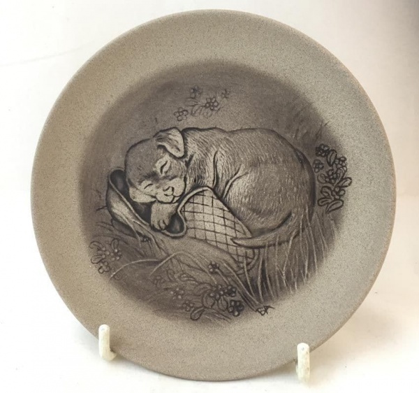 Poole Pottery Stoneware Plate, Puppy Sleeping on a Slipper