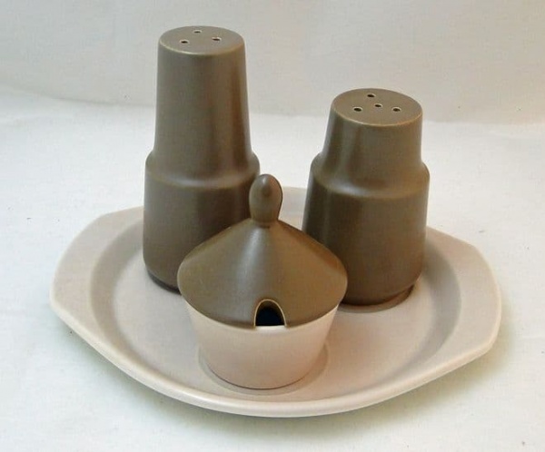 Poole Pottery Twintone Mushroom and Sepia (C54) Salt, Pepper and Mustard on Stand
