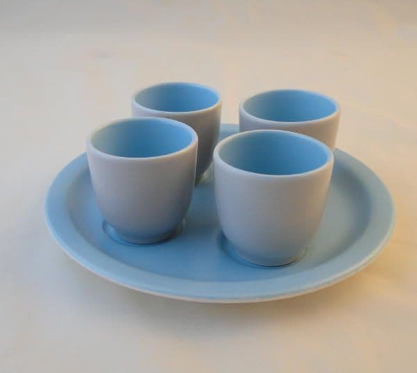 Poole Pottery Twintone Sky Blue and Dove Grey Set of Four Egg Cups on Stand