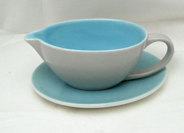 Poole Pottery Twintone Sky Blue and Dove Grey Streamline Gravy Jugs and Saucers