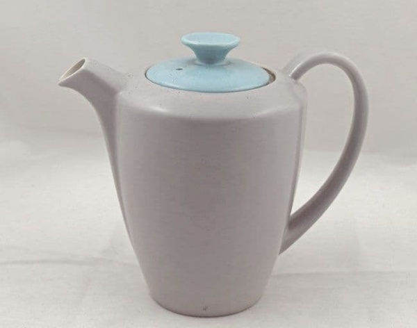 Poole Pottery Twintone Sky Blue and Dove Grey Streamline Shaped Small Hot Water/Milk Jugs