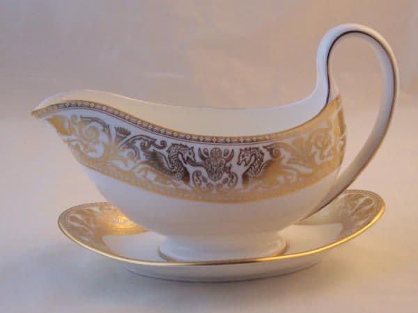 Wedgwood Gold Florentine (W4219) Gravy Boat and Stand.