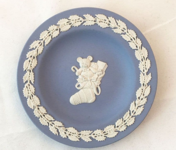 Wedgwood Jasperware Blue Pin Tray, Teddy and Toys in Christmas Stocking.